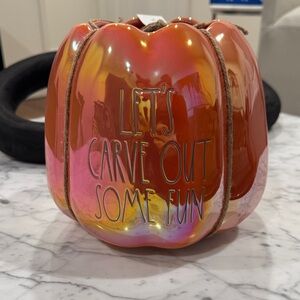 Rae Dunn LET’S CARVE OUT SOME FUN Orange Iridescent Ceramic Pumpkin Planter